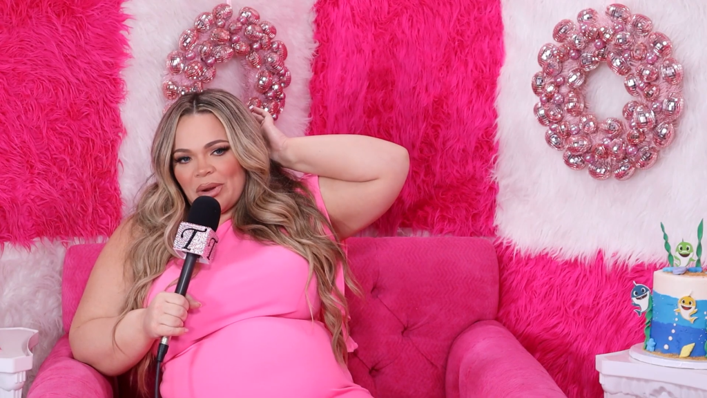 Trisha Paytas lifts one arm on her podcast on March 6, 2025.