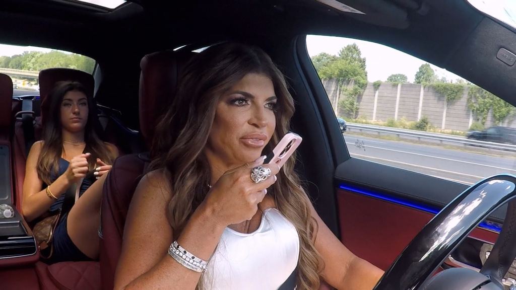 Teresa Giudice on the phone in the car.