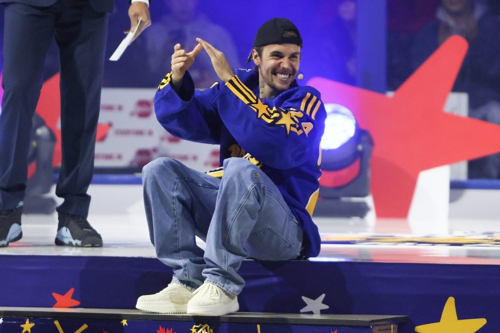 Singer Justin Bieber takes part in the draft during 2024 NHL All-Star Thursday at Scotiabank Arena on February 01, 2024 in Toronto, Ontario, Canada.