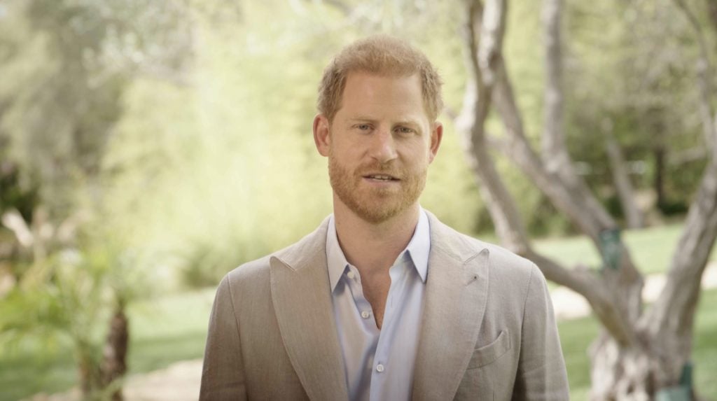 In this Sport Gives Back Awards/ITV handout Prince Harry, Duke of Sussex appears at the Sport Gives Back Awards 2024 via a pre-recorded video at Cadogan Hall on February 28, 2024 in London, England.