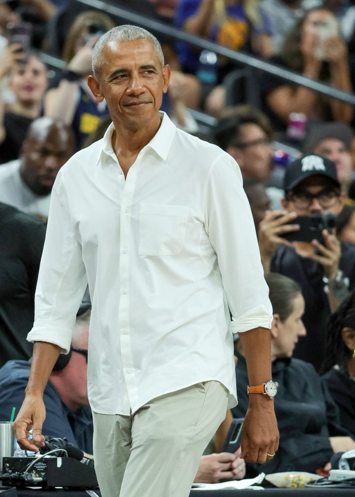 Former U.S. President Barack Obama attends an exhibition game between Canada and the United States ahead of the Paris Olympic Games at T-Mobile Arena on July 10, 2024 in Las Vegas, Nevada.