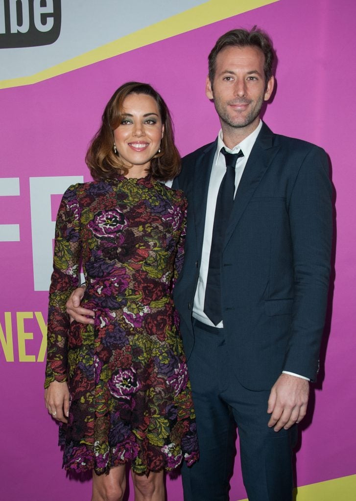 Actors Aubrey Plaza and Jeff Baena arrives at Sundance NextFest Film Festival Premiere Of "Life After Beth" at The Theatre At The Ace Hotel on August 8, 2014 in Los Angeles, California.