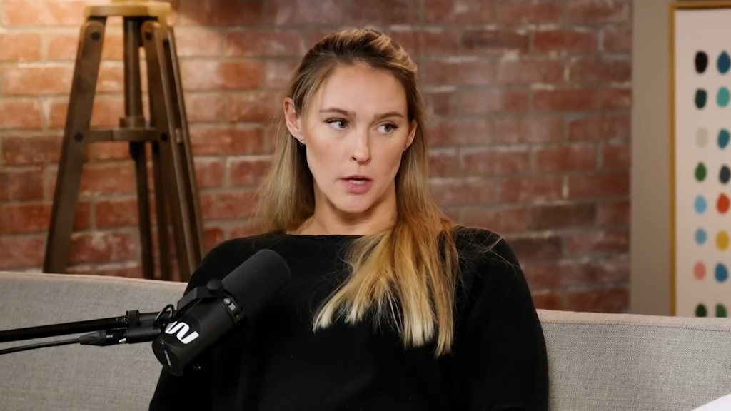 Kylie Kelce sits and chats on her Not Gonna Lie podcast in March 2025