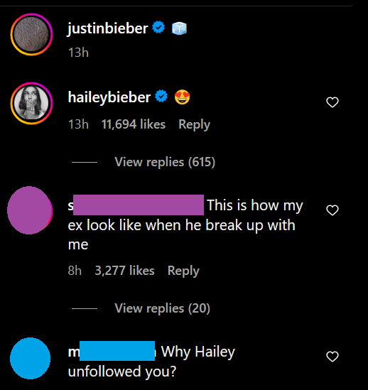 Hailey Bieber leaves a heart eyes emoji as a reply to Justin Bieber's post in this dark mode screenshot from Instagram.