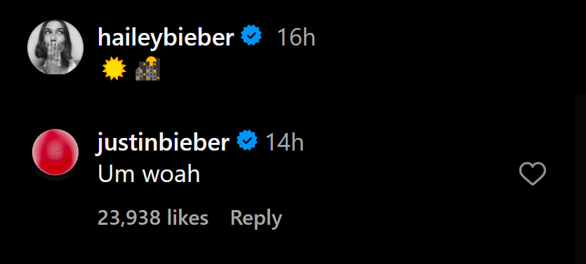 A dark mode Instagram screenshot of Hailey Bieber's emoji caption and Justin Bieber's "um woah" comment.