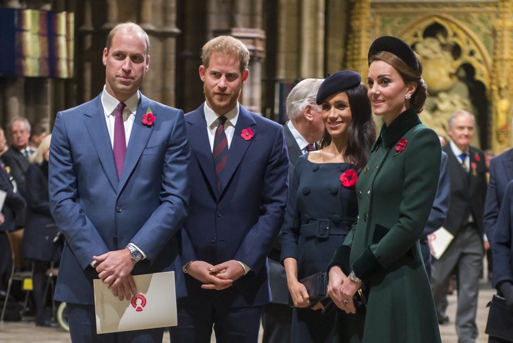 Prince William, Duke of Cambridge and Catherine, Duchess of Cambridge, Prince Harry, Duke of Sussex and Meghan, Duchess of Sussex attend a service marking the centenary of WW1 armistice at Westminster Abbey on November 11, 2018 in London, England.