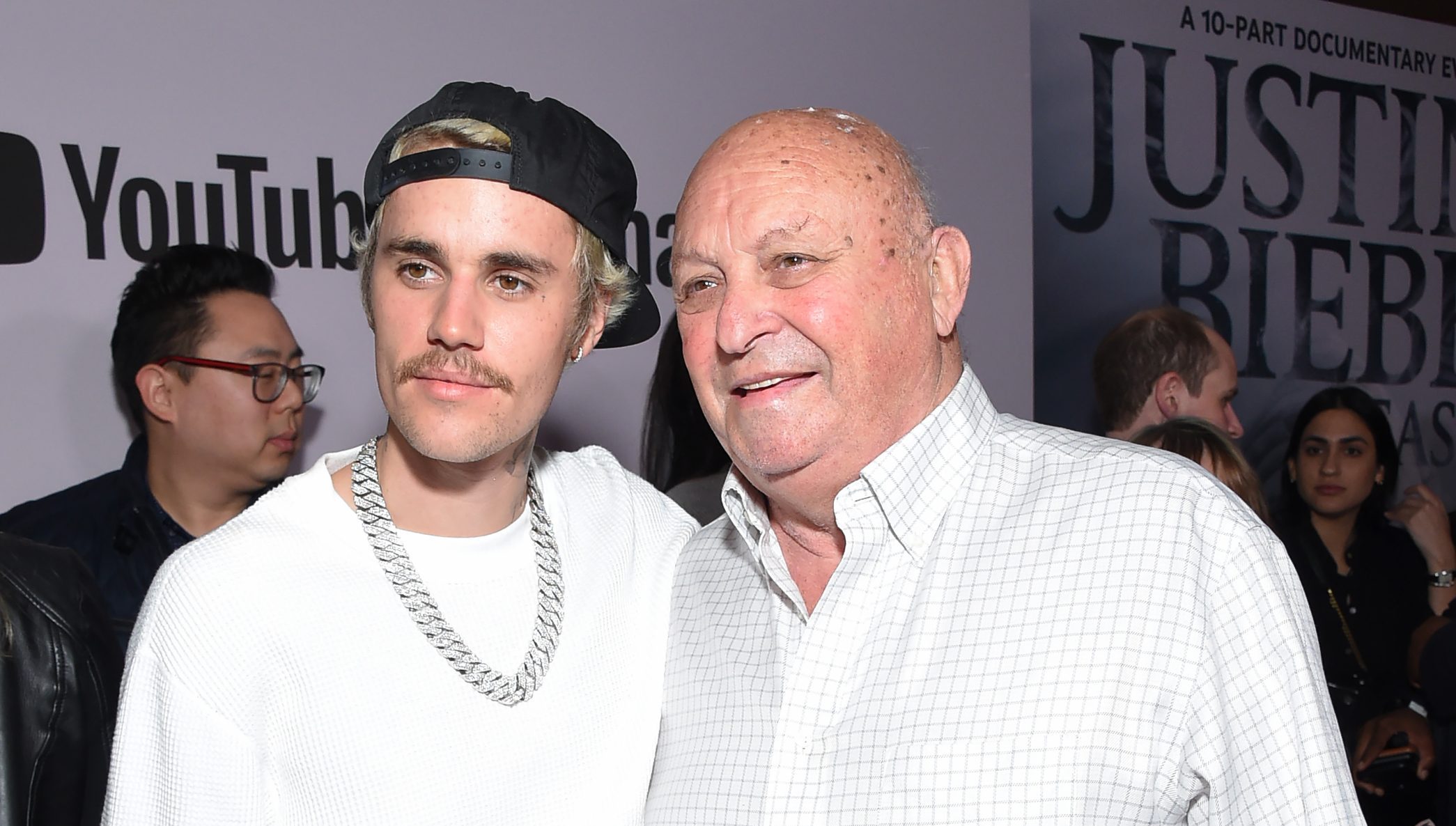 Canadian singer Justin Bieber Justin Bieber and grandfather Bruce Dale arrive for YouTube Originals' "Justin Bieber: Seasons" premiere at the Regency Bruin Theatre in Los Angeles on January 27, 2020.