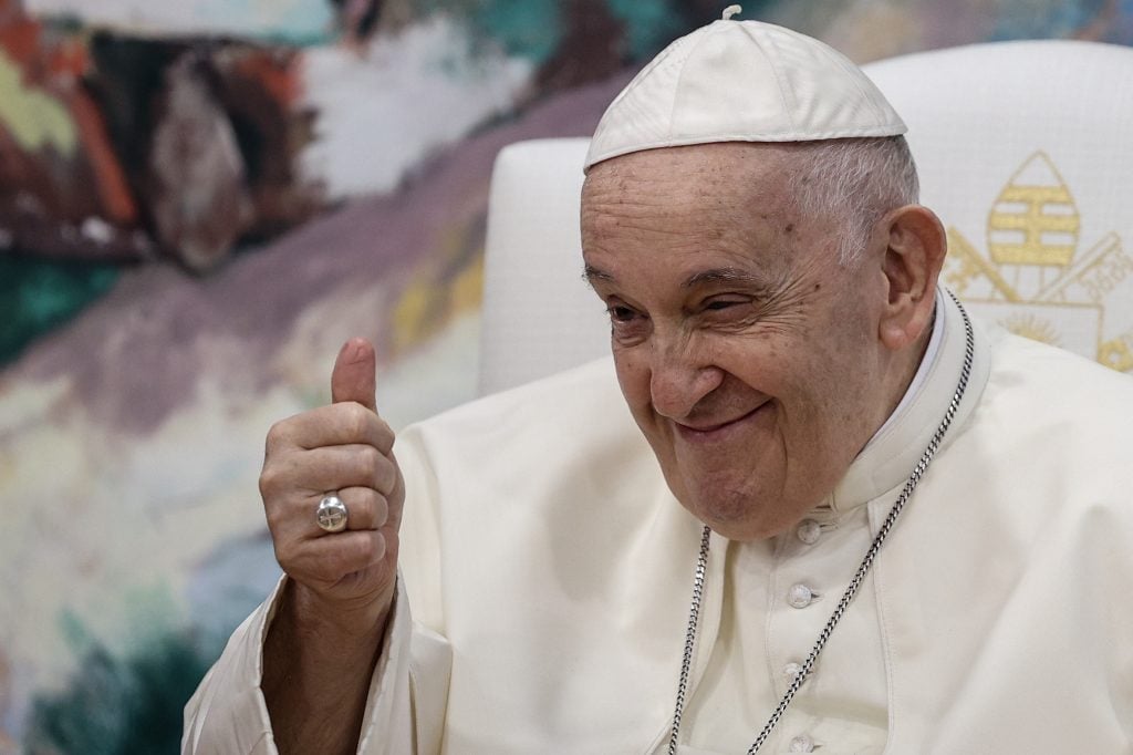 Pope Francis upon arrival for a meeting with young people of Scholas Occurrentes on 3 August, 2023 in Cascais, Portugal.
