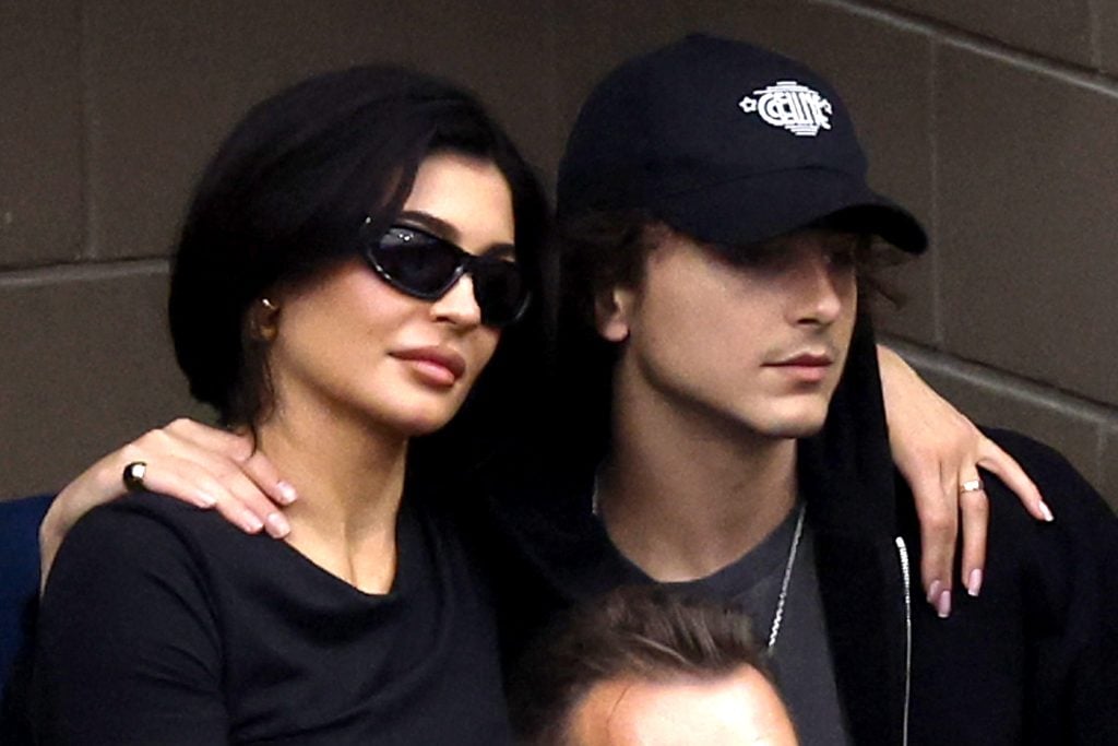 Kylie Jenner and actor Timothée Chalamet look on during the Men's Singles Final match between Novak Djokovic of Serbia and Daniil Medvedev of Russia on Day Fourteen of the 2023 US Open at the USTA Billie Jean King National Tennis Center on September 10, 2023 in the Flushing neighborhood of the Queens borough of New York City.