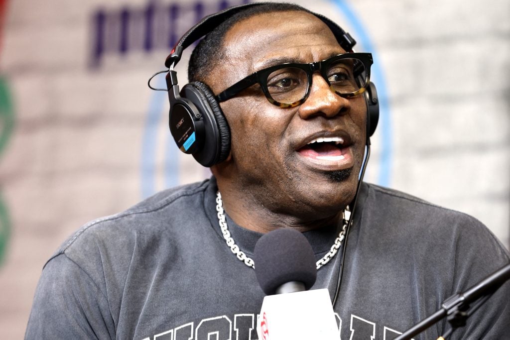 Former NFL player Shannon Sharpe is seen on the set of The NFL Network along Radio Row on February 05, 2025 in New Orleans, Louisiana.
