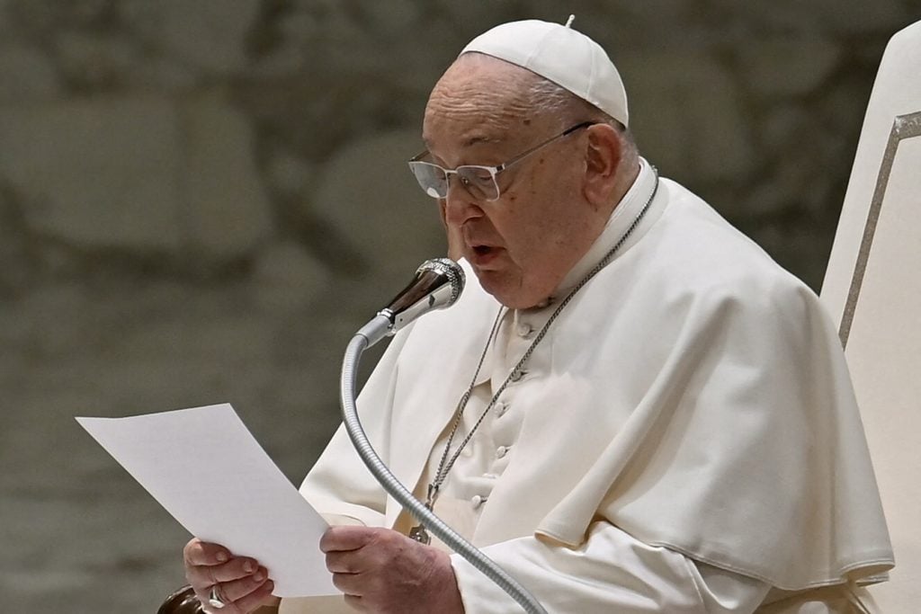 Pope Francis attends the weekly general audience on February 12, 2025 at Paul-VI hall in The Vatican.