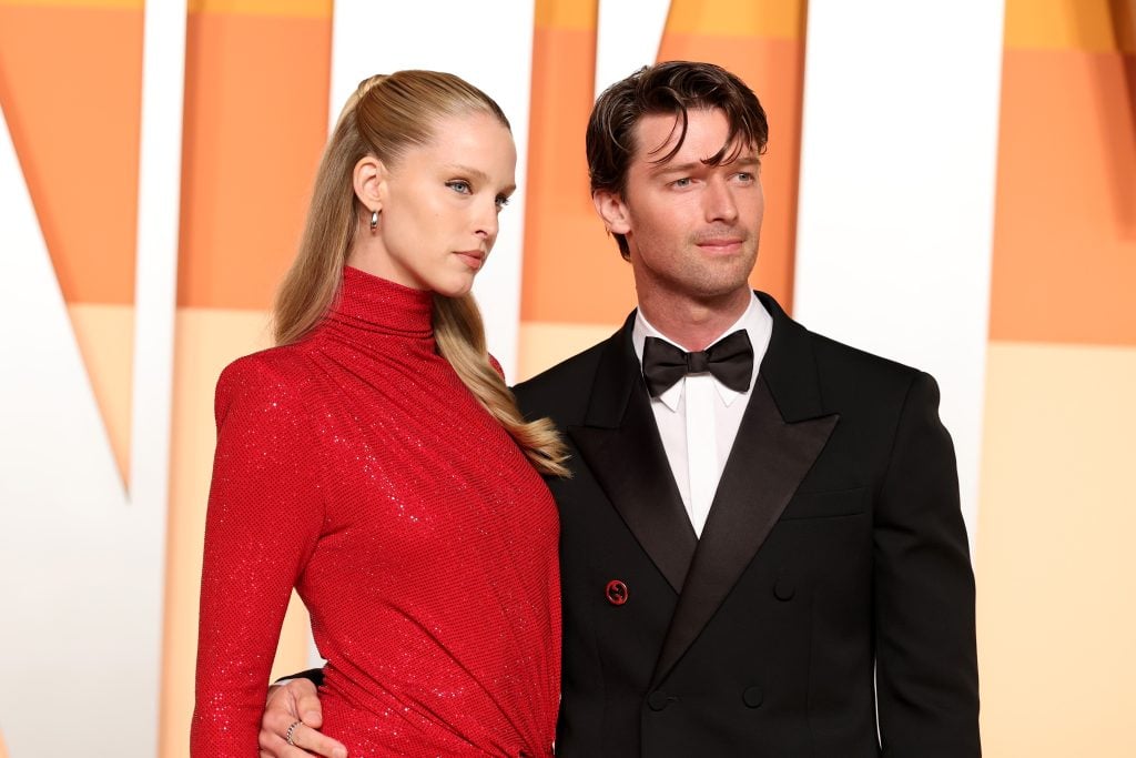 Abby Champion and Patrick Schwarzenegger attend the 2025 Vanity Fair Oscar Party Hosted By Radhika Jones at Wallis Annenberg Center for the Performing Arts on March 02, 2025 in Beverly Hills, California.
