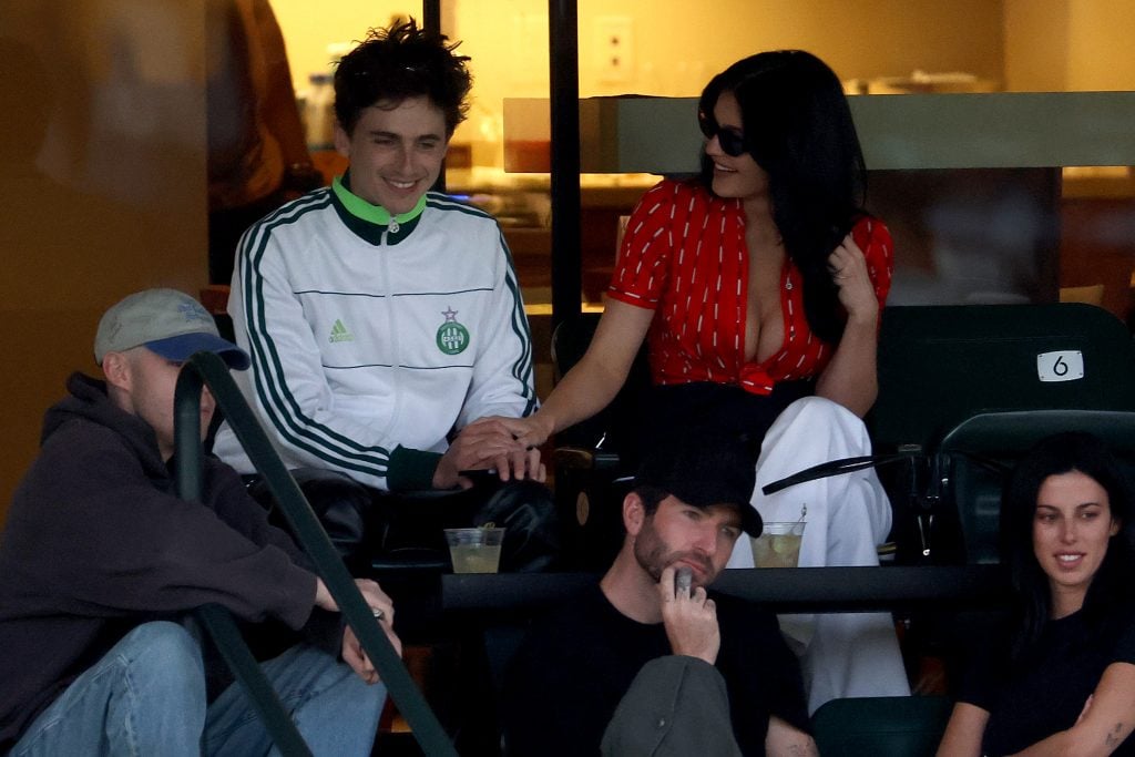 Timothee Chalamet and Kylie Jenner attend a match during the BNP Paribas Open at Indian Wells Tennis Garden on March 09, 2025 in Indian Wells, California.