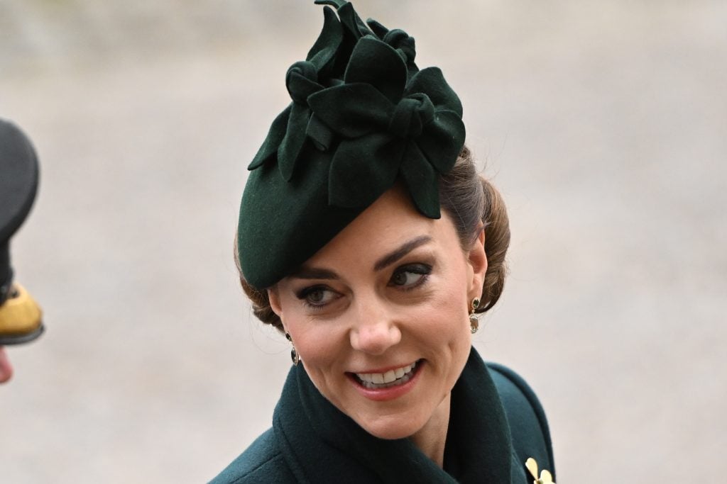 Catherine, Princess of Wales visits the 2025 Irish Guards' St. Patrick's Day Parade at Wellington Barracks on March 17, 2025 in London, England.
