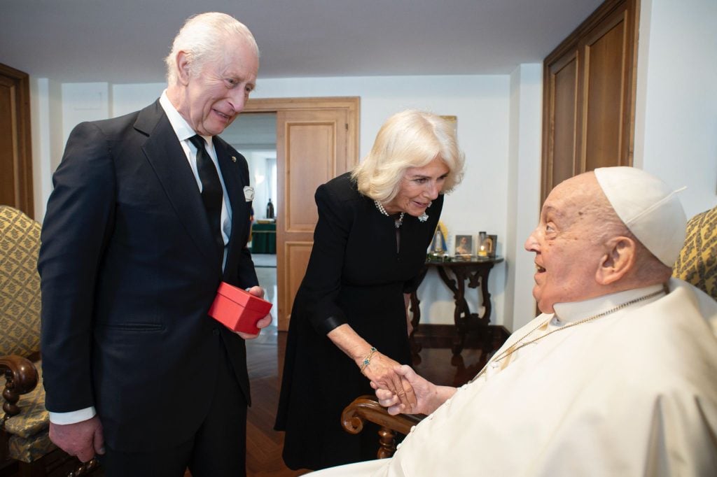 In this handout image supplied by the Vatican on April 10, King Charles III and Queen Camilla meet Pope Francis during day three of their State visit to The Republic of Italy on April 09, 2025 in Vatican City.