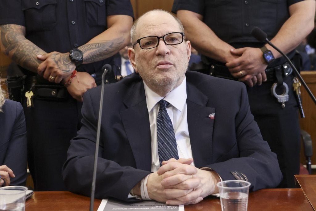 Disgraced Hollywood film producer Harvey Weinstein appears in Manhattan Criminal Court ahead of opening arguments in the rape and sexual assault trial against him in New York City on April 23, 2025.