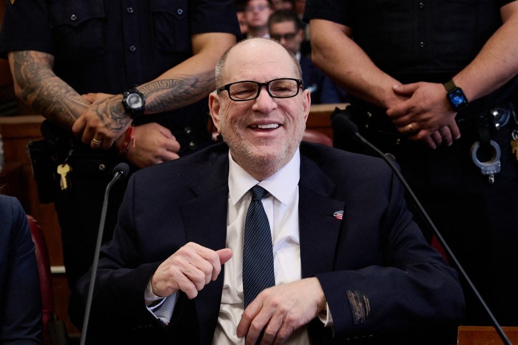 Disgraced Hollywood film producer Harvey Weinstein appears in Manhattan Criminal Court ahead of opening arguments in the rape and sexual assault trial against him in New York City on April 23, 2025.
