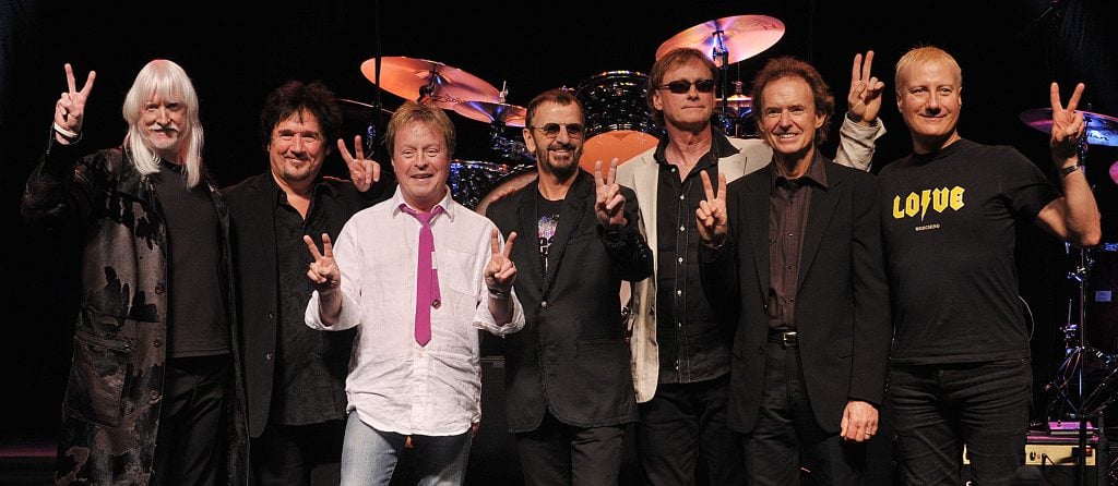 Member of 'The All Starrs' band Edgar Winter, Wally Palmer, Rick Derringer, Ringo Starr, Richard Page, Gary Wright and Gregg Bissonette poses for photographers during the launch of their european tour in Guildford, Surrey on June 1, 2011. 