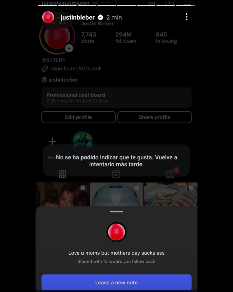 A screenshot of Justin Bieber saying that Mother's Day "sucks ass."