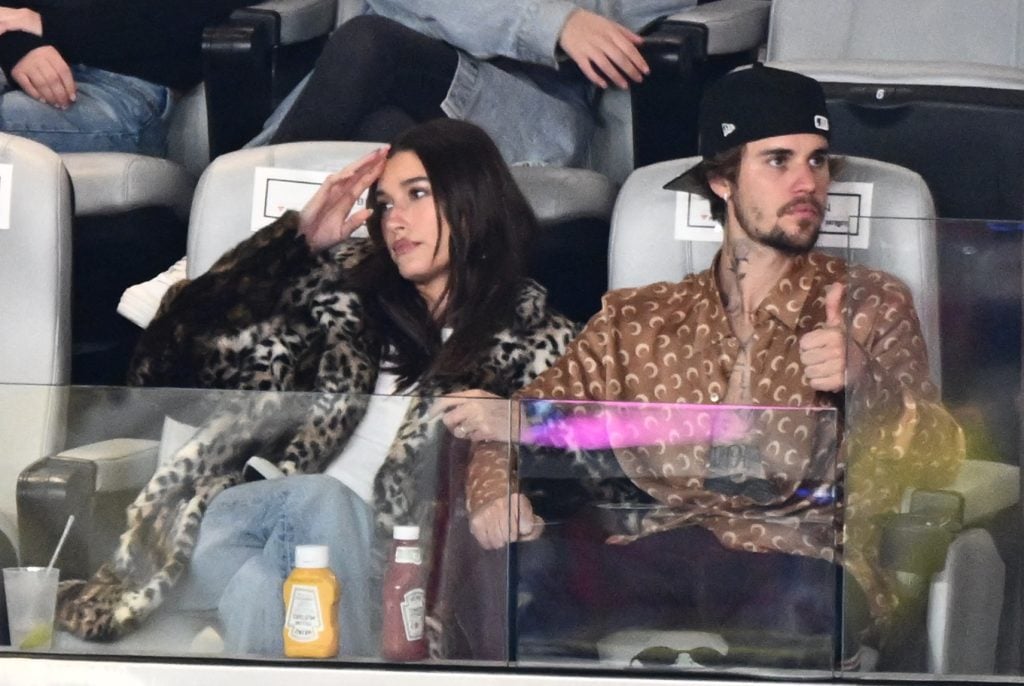 Justin Bieber on February 11, 2024 alongside wife Hailey Bieber at the Super Bowl.