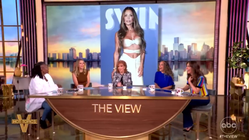 A screenshot of the panelists of The View in 2025 with a photo of Bethenny Frankel behind them.