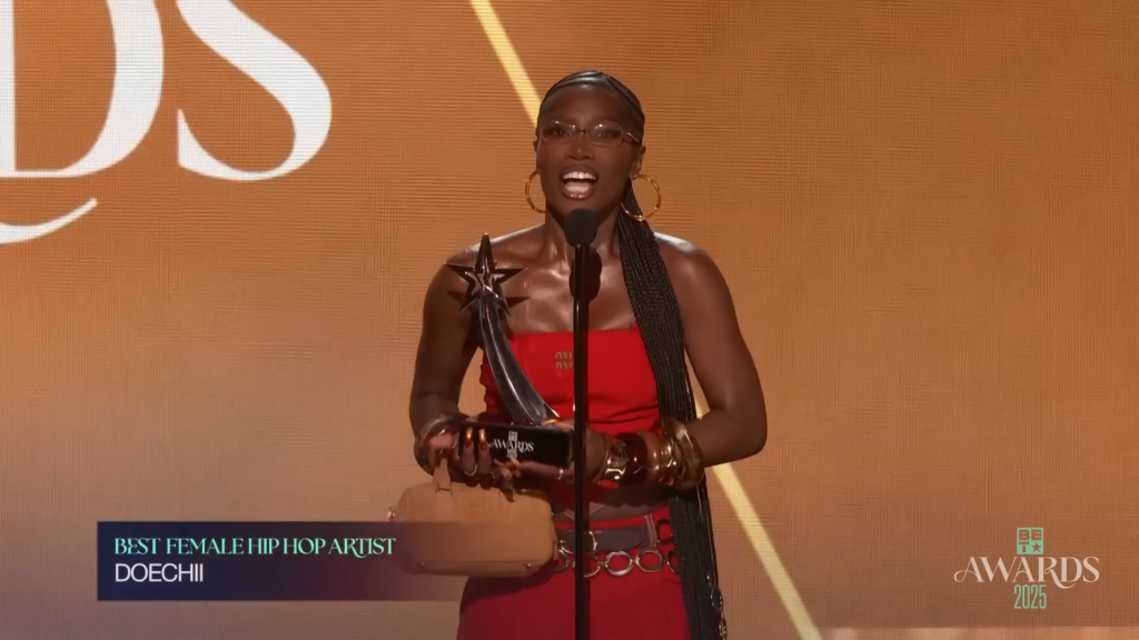Doechii on stage at the 2025 BET Awards