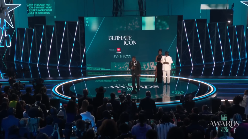 Jamie Foxx on stage at the BET Awards in 2025.