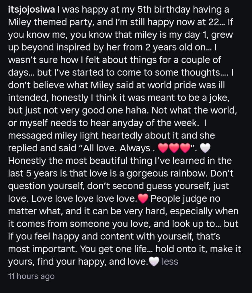 A dark mode screenshot of JoJo Siwa's Instagram caption.