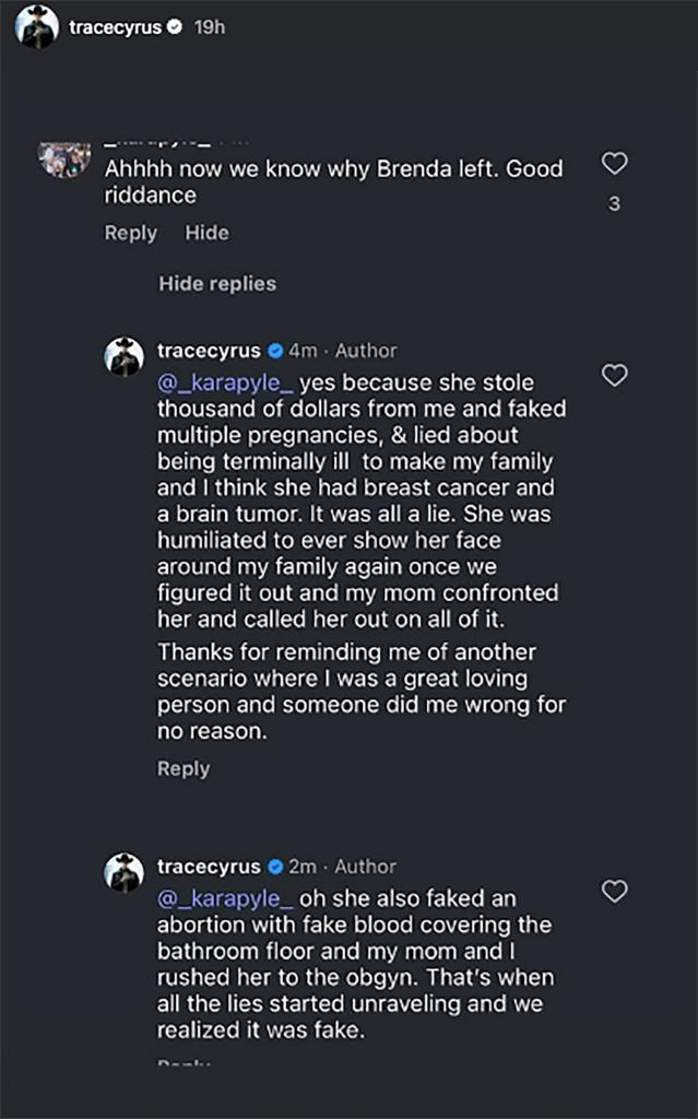 A dark mode screenshot of Trace Cyrus raving about ex-girlfriend Brenda Song.