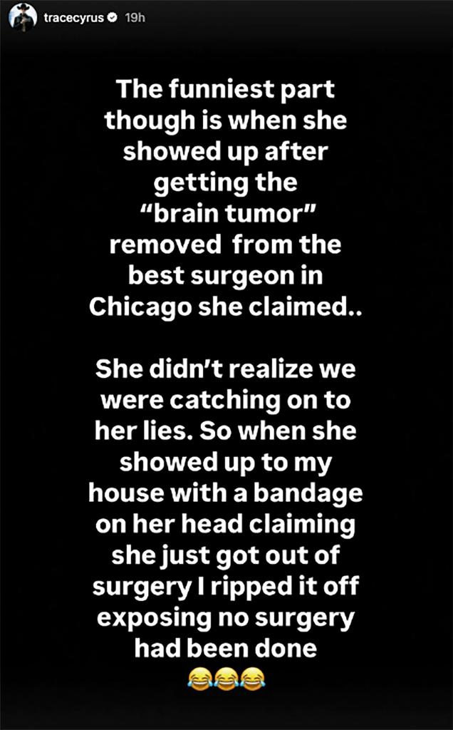 A dark mode screenshot of Trace Cyrus making more claims about Brenda Song.