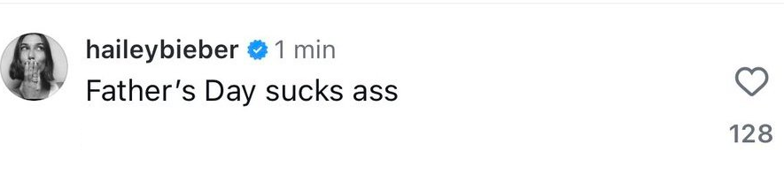 A light mode screenshot of Hailey Bieber's Instagram comment.