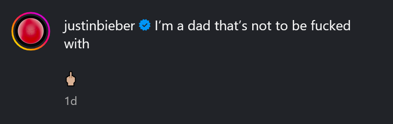 A dark mode screenshot of Justin Bieber's Instagram caption.