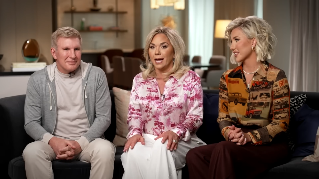 Julie Chrisley with Todd Chrisley and Savannah Chrisley in June 2025.