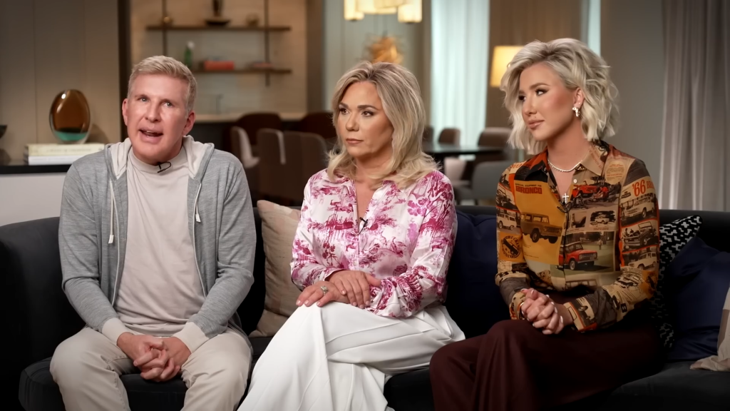 Todd Chrisley with Julie Chrisley and Savannah Chrisley in June 2025.