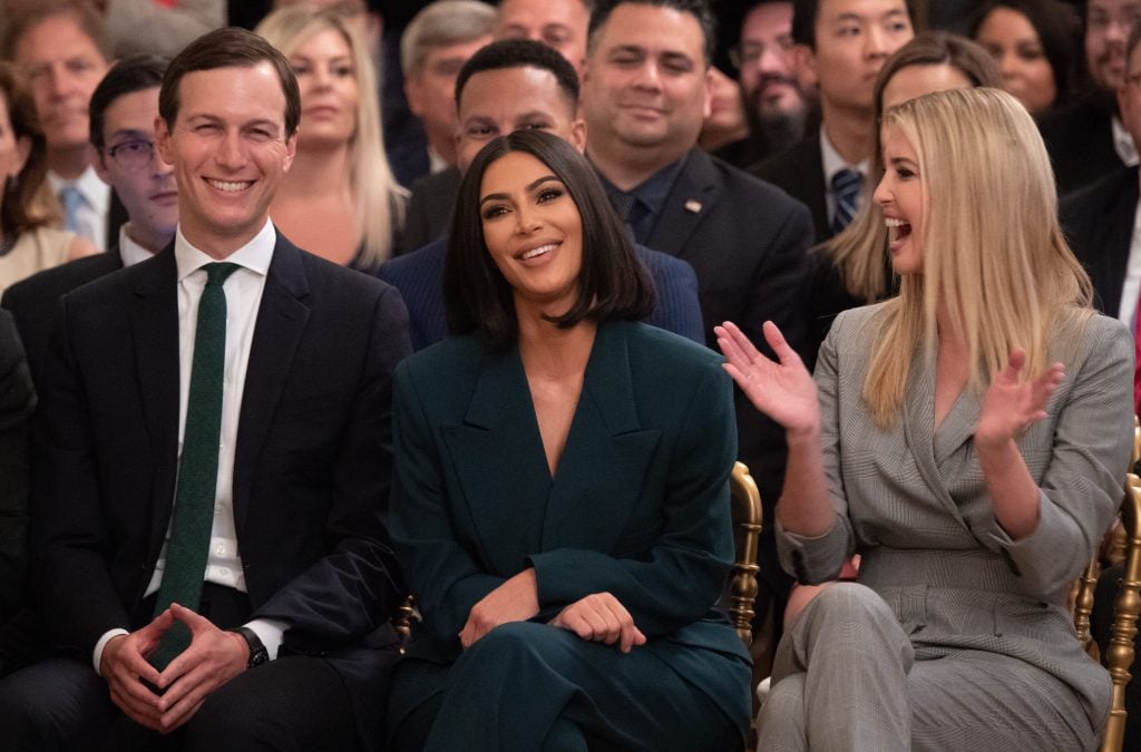 Kim Kardashian, Ivanka Trump, and Jared Kushner applaud as US President Donald Trump speaks about second chance hiring and criminal justice reform in the East Room of the White House in Washington, DC, June 13, 2019.