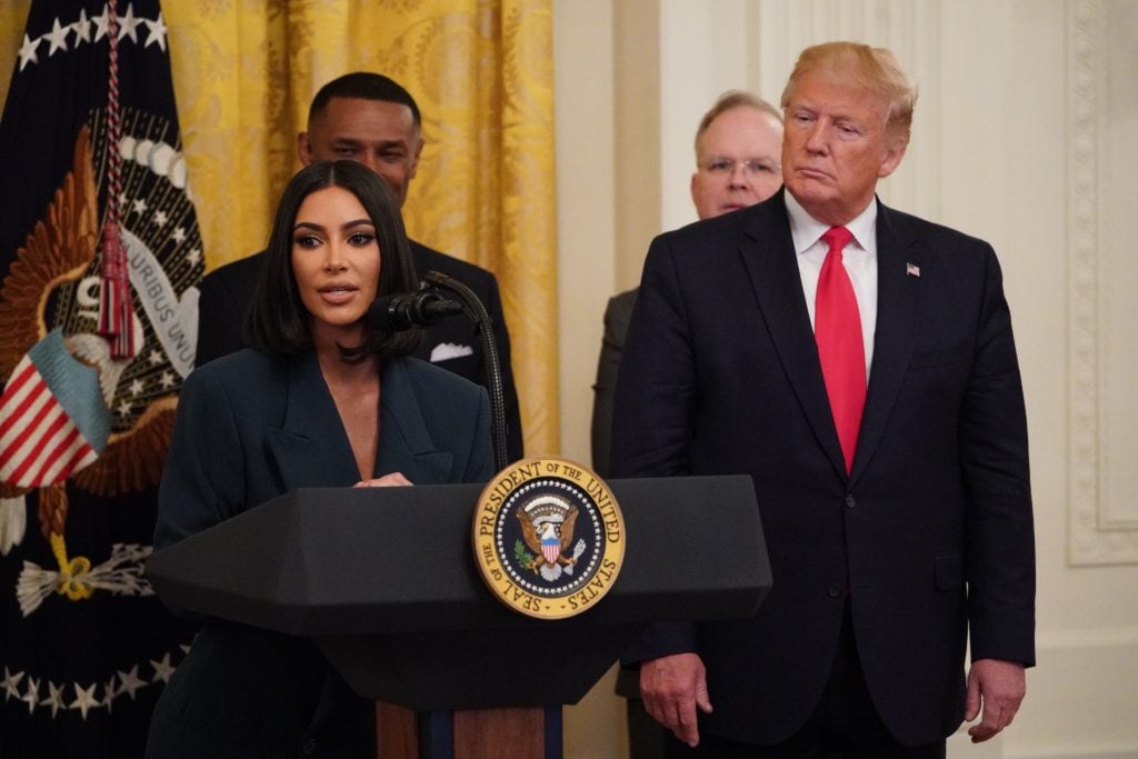 Kim Kardashian speaks as US President Donald Trump holds an event on second chance hiring and criminal justice reform in the East Room of the White House in Washington, DC, June 13, 2019.