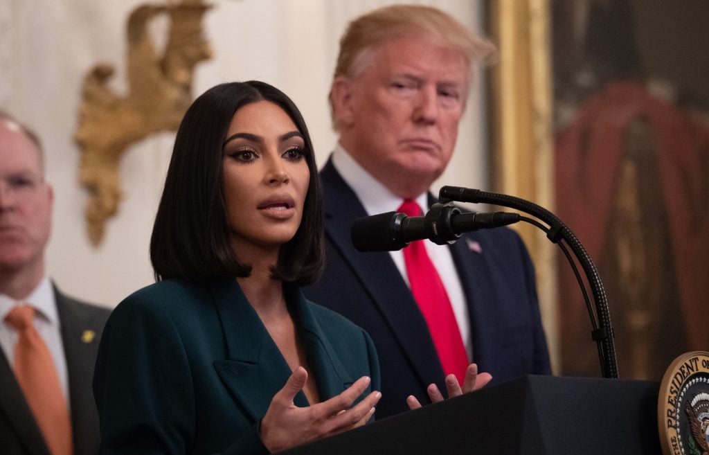 Kim Kardashian speaks as US President Donald Trump holds an event on second chance hiring and criminal justice reform in the East Room of the White House in Washington, DC, June 13, 2019.