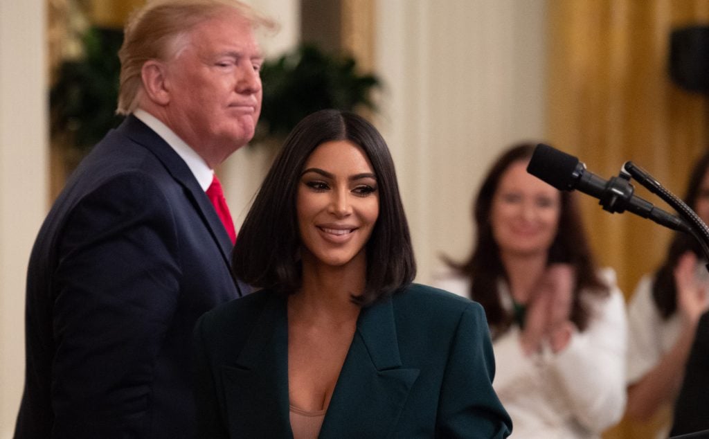 Kim Kardashian speaks alongside US President Donald Trump during a second chance hiring and criminal justice reform event in the East Room of the White House in Washington, DC, June 13, 2019.