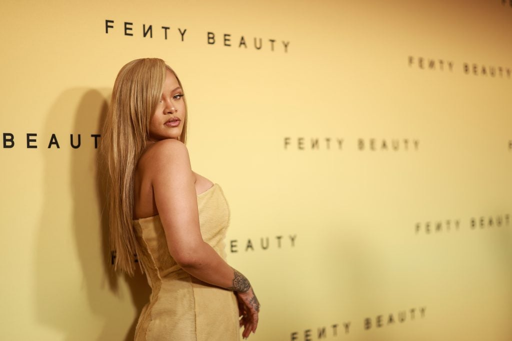 Rihanna attends her immersive beauty event in honor of Fenty Beauty's newest product launch, Soft'lit Naturally Luminous Longwear Foundation at 7th Street Studios on April 26, 2024 in Los Angeles, California. 