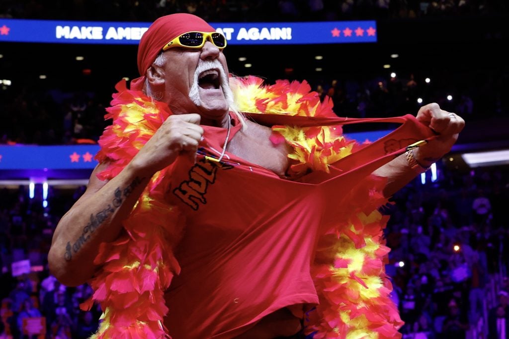 Hulk Hogan takes the stage during a campaign rally for Republican presidential nominee, former U.S. President Donald Trump at Madison Square Garden on October 27, 2024 in New York City.