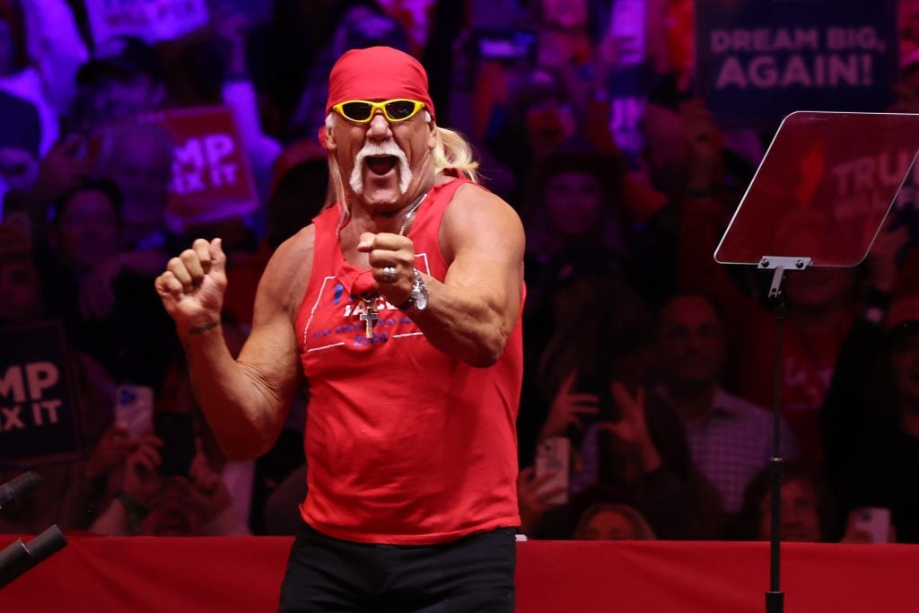 Former WWE wrestler Hulk Hogan dances during a campaign rally for Republican presidential nominee, former U.S. President Donald Trump, at Madison Square Garden on October 27, 2024 in New York City.