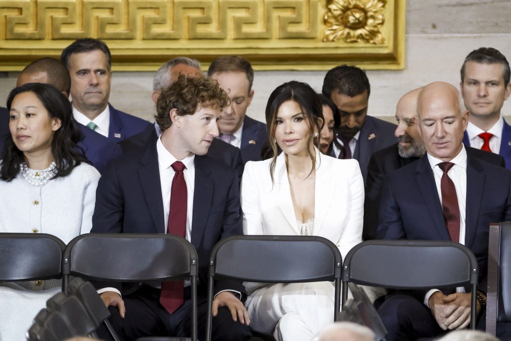 Priscilla Chan, Meta CEO Mark Zuckerberg, Lauren Sanchez, and businessman Jeff Bezos, among other dignitaries, attend the United States Capitol on January 20, 2025 in Washington, DC.