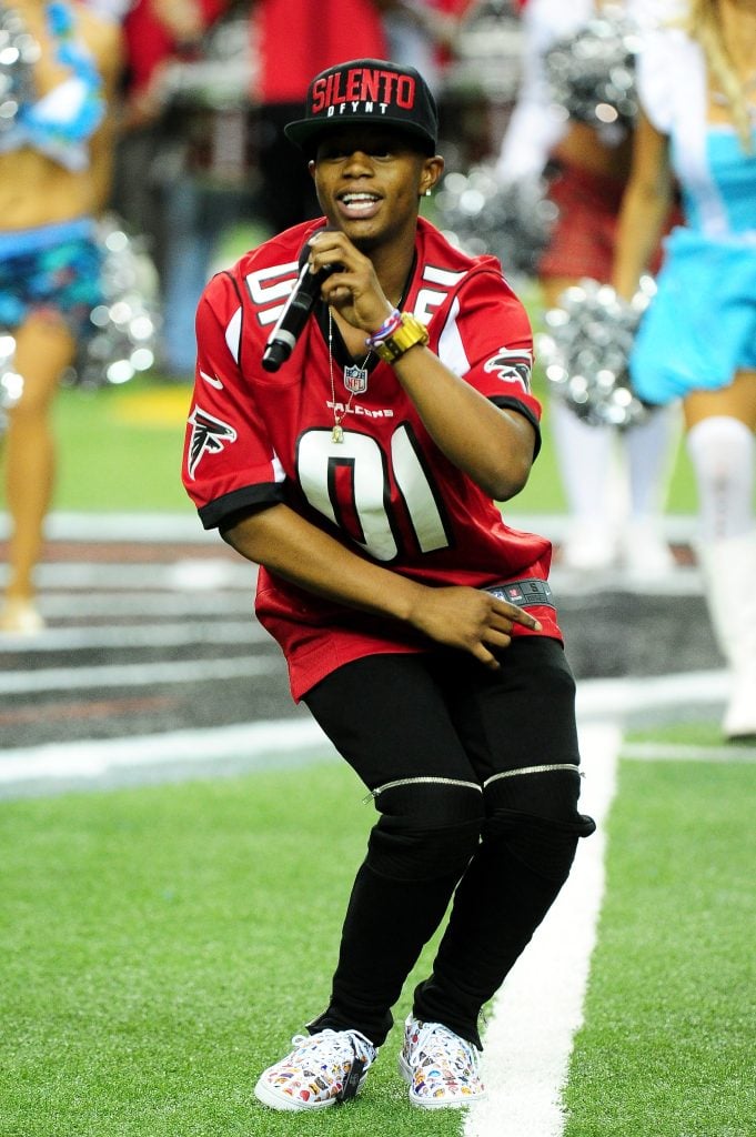 Silento, a musician, performs prior to the game against the Tampa Bay Buccaneers at the Georgia Dome on November 1, 2015 in Atlanta, Georgia.