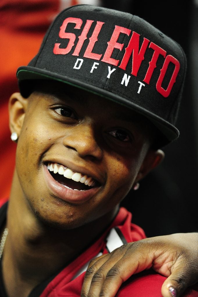Silento, a musician, performs prior to the game against the Tampa Bay Buccaneers at the Georgia Dome on November 1, 2015 in Atlanta, Georgia.