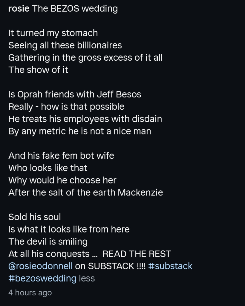 A dark mode screenshot of the poem that Rosie O'Donnell wrote to condemn Jeff Bezos and his wedding to Lauren Sanchez.