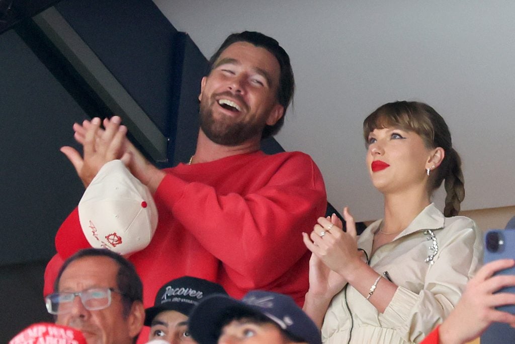 Travis Kelce and Taylor Swift together in 2025.