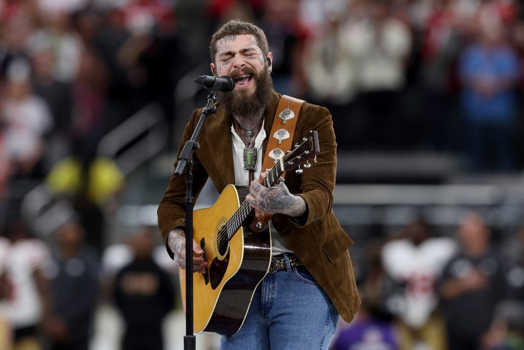 American rapper and singer Post Malone performs prior to Super Bowl LVIII between the San Francisco 49ers and Kansas City Chiefs at Allegiant Stadium on February 11, 2024 in Las Vegas, Nevada.